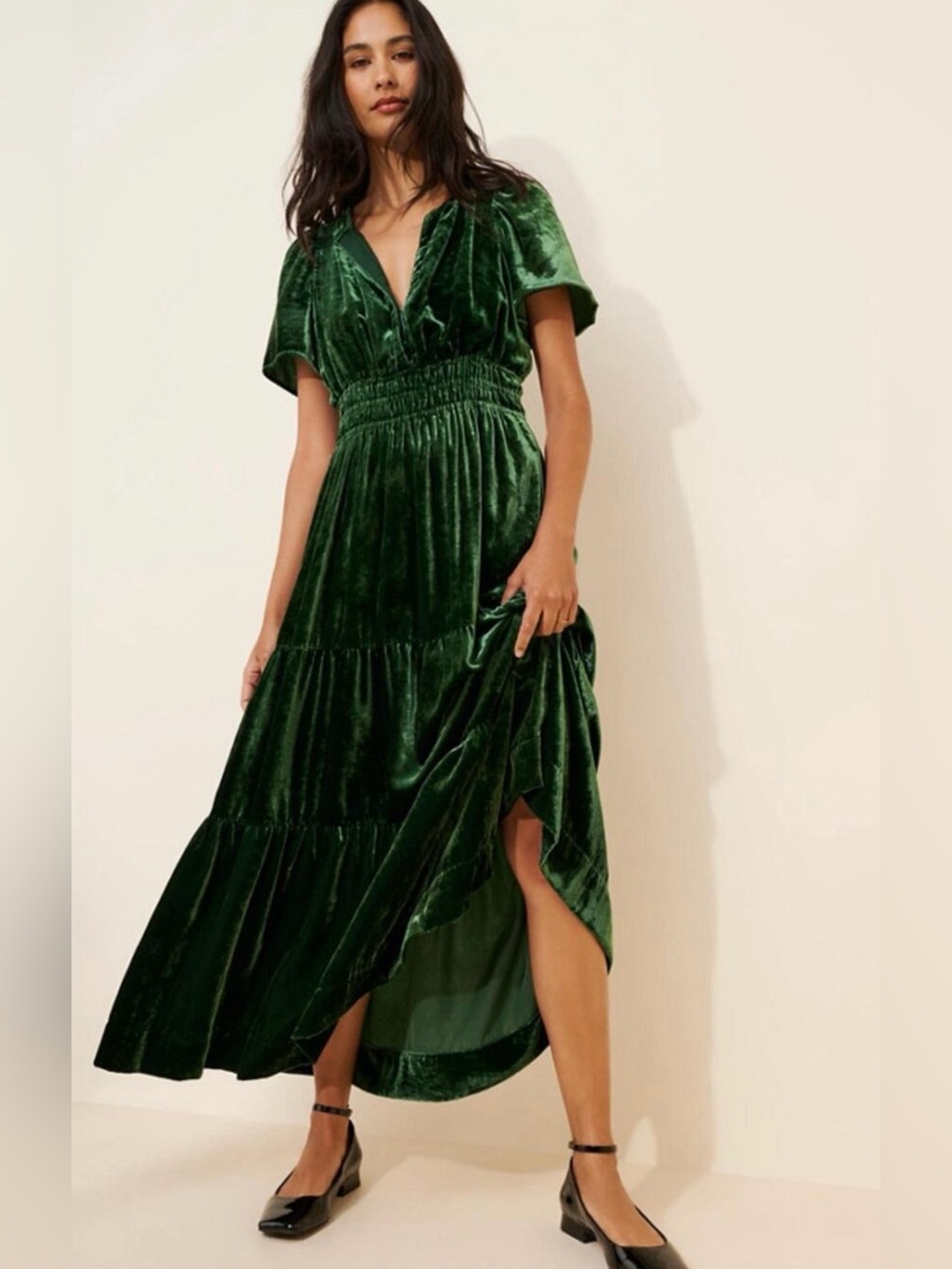 Anthropologie Dark Green Velvet Maxi Dress with Smocked Waist